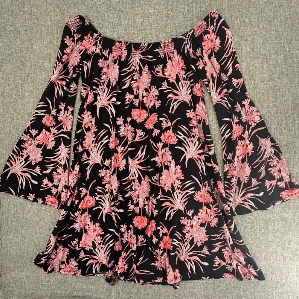 Express Floral Mini Dress Floral Off The‎ Shoulder Long Bell Sleeves Small Rayon